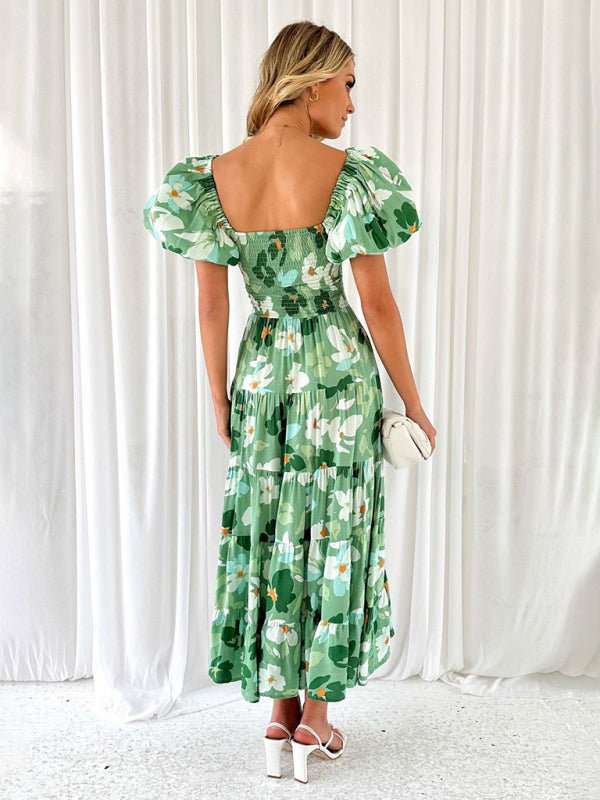 Casual Dresses- Floral Tiered Off Shoulder Smocked A-Line Midi Dress- - IndioGear Fashion and Gear