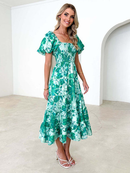 Casual Dresses- Floral Tiered Off Shoulder Smocked A-Line Midi Dress- - IndioGear Fashion and Gear