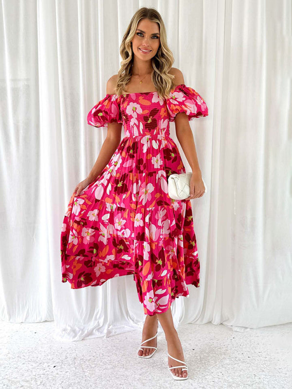 Casual Dresses- Floral Tiered Off Shoulder Smocked A-Line Midi Dress- Rose- IndioGear Fashion and Gear