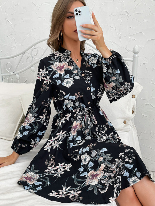 Casual Dresses- Floral V-Neck Waist-Tie Dress with Long Sleeves- - IndioGear Clothing and Gear