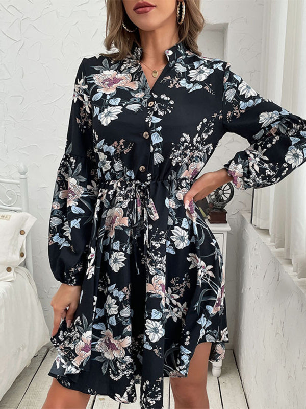 Casual Dresses- Floral V-Neck Waist-Tie Dress with Long Sleeves- - IndioGear Clothing and Gear