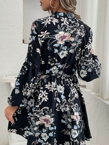 Casual Dresses- Floral V-Neck Waist-Tie Dress with Long Sleeves- - IndioGear Clothing and Gear