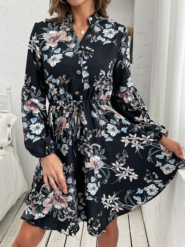 Casual Dresses- Floral V-Neck Waist-Tie Dress with Long Sleeves- - IndioGear Clothing and Gear