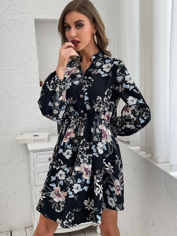 Casual Dresses- Floral V-Neck Waist-Tie Dress with Long Sleeves- - IndioGear Clothing and Gear