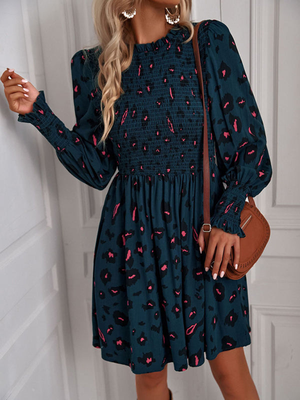 Casual Dresses- Garden Floral A-Line Dress with Lantern Sleeves- - IndioGear Clothing and Gear