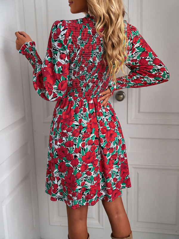 Casual Dresses- Garden Floral A-Line Dress with Lantern Sleeves- - IndioGear Clothing and Gear