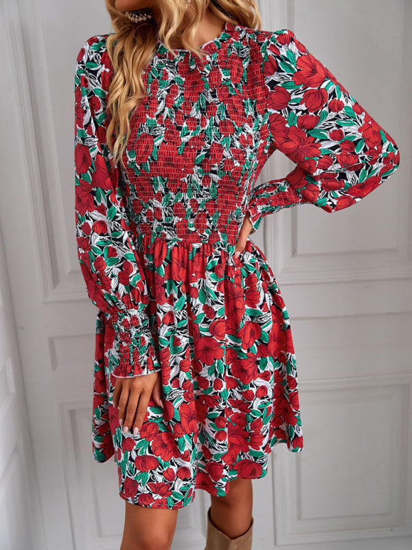 Casual Dresses- Garden Floral A-Line Dress with Lantern Sleeves- - IndioGear Clothing and Gear