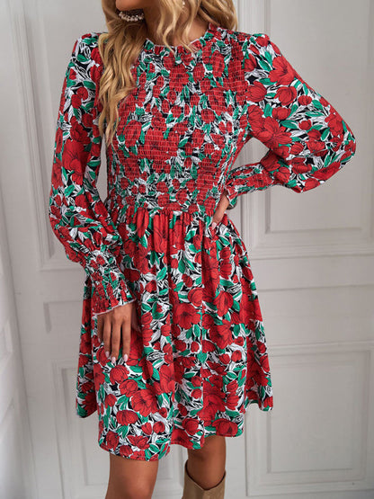 Casual Dresses- Garden Floral A-Line Dress with Lantern Sleeves- - IndioGear Clothing and Gear