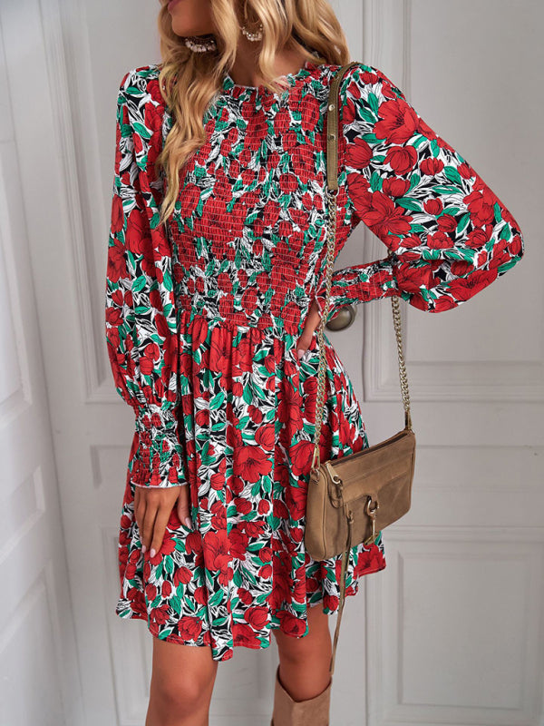 Casual Dresses- Garden Floral A-Line Dress with Lantern Sleeves- - IndioGear Clothing and Gear