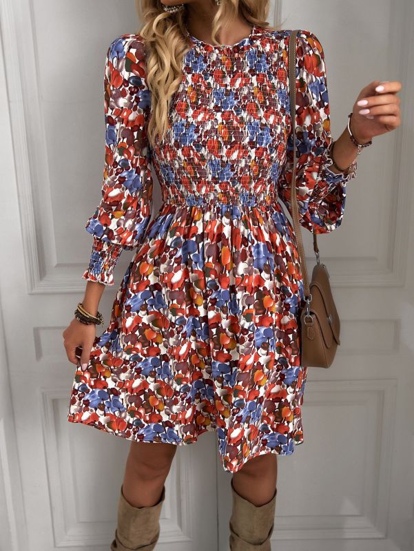 Casual Dresses- Garden Floral A-Line Dress with Lantern Sleeves- Orange- IndioGear Clothing and Gear