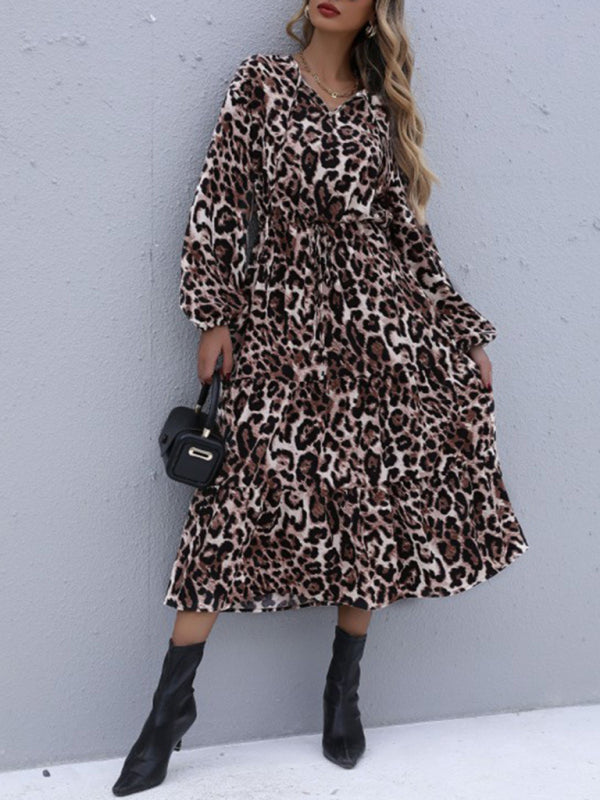 Casual Dresses- Leopard Print Midi Dress with Tiered Ruffles- - IndioGear Clothing and Gear