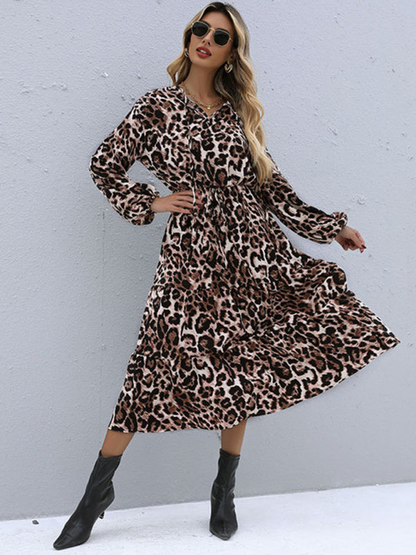 Casual Dresses- Leopard Print Midi Dress with Tiered Ruffles- Leopard Print- IndioGear Clothing and Gear