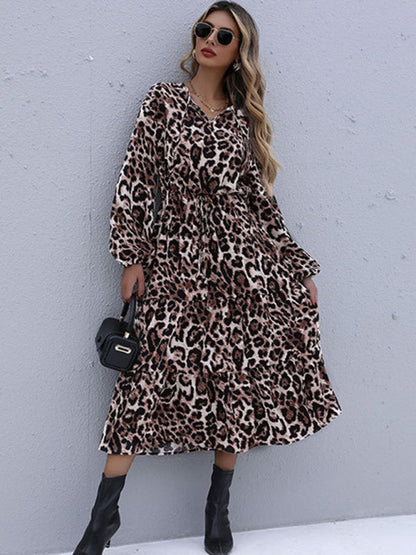 Casual Dresses- Leopard Print Midi Dress with Tiered Ruffles- - IndioGear Clothing and Gear