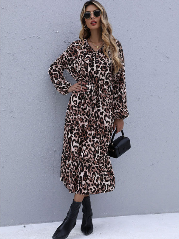 Casual Dresses- Leopard Print Midi Dress with Tiered Ruffles- - IndioGear Clothing and Gear