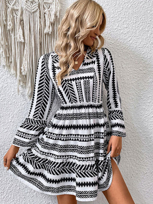 Casual Dresses- Long Sleeve V-Neck A-Line Ruffle Dress in Geo Print- Black- IndioGear Clothing and Gear