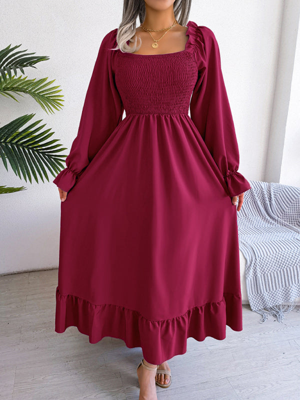 Casual Dresses- Long Sleeves Square Neck Midi Dress in Solid Color with A-Line Fit- - IndioGear Fashion and Gear