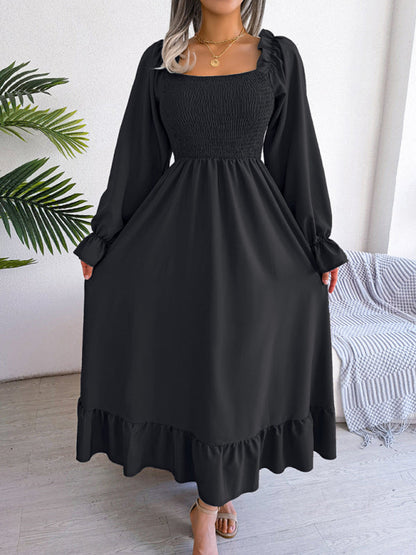 Casual Dresses- Long Sleeves Square Neck Midi Dress in Solid Color with A-Line Fit- Black- IndioGear Fashion and Gear