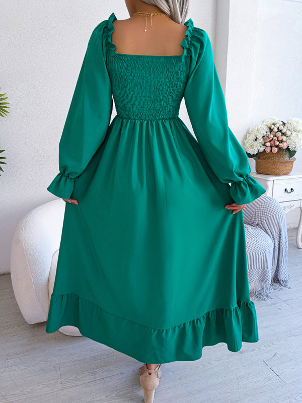 Casual Dresses- Long Sleeves Square Neck Midi Dress in Solid Color with A-Line Fit- - IndioGear Fashion and Gear