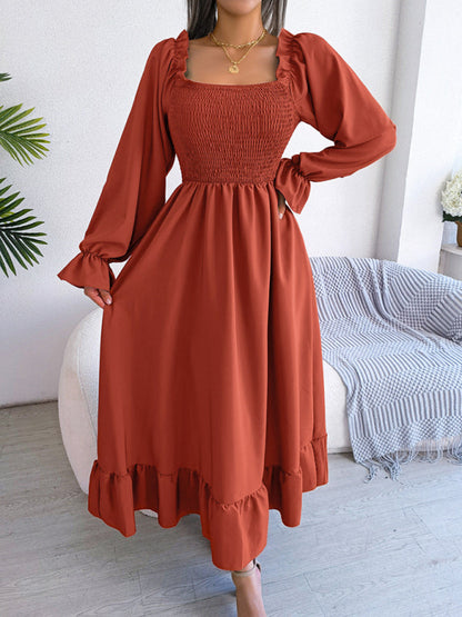 Casual Dresses- Long Sleeves Square Neck Midi Dress in Solid Color with A-Line Fit- Orange- IndioGear Fashion and Gear