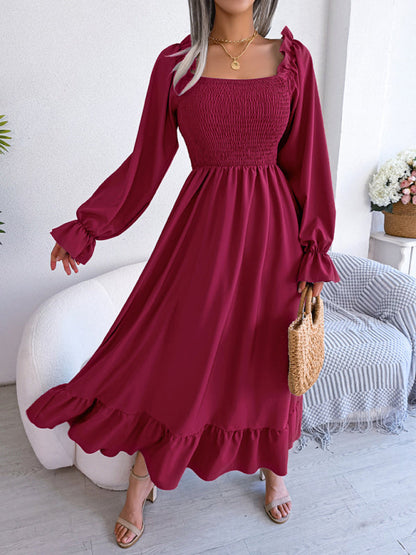 Casual Dresses- Long Sleeves Square Neck Midi Dress in Solid Color with A-Line Fit- - IndioGear Fashion and Gear