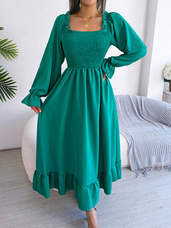 Casual Dresses- Long Sleeves Square Neck Midi Dress in Solid Color with A-Line Fit- Green- IndioGear Fashion and Gear