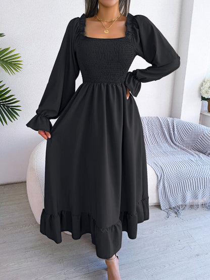 Casual Dresses- Long Sleeves Square Neck Midi Dress in Solid Color with A-Line Fit- - IndioGear Fashion and Gear