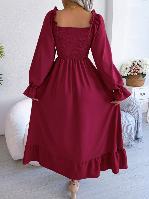 Casual Dresses- Long Sleeves Square Neck Midi Dress in Solid Color with A-Line Fit- - IndioGear Fashion and Gear