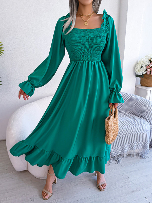 Casual Dresses- Long Sleeves Square Neck Midi Dress in Solid Color with A-Line Fit- - IndioGear Fashion and Gear