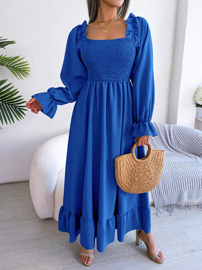 Casual Dresses- Long Sleeves Square Neck Midi Dress in Solid Color with A-Line Fit- - IndioGear Fashion and Gear