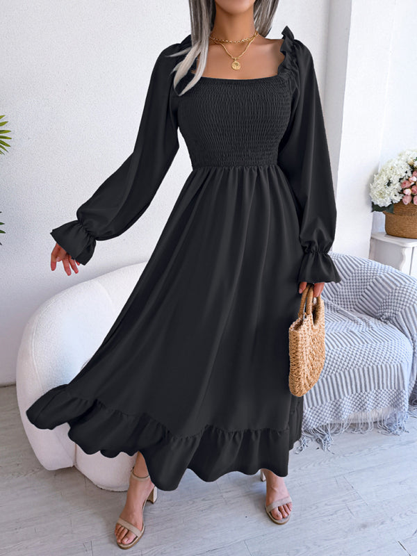 Casual Dresses- Long Sleeves Square Neck Midi Dress in Solid Color with A-Line Fit- - IndioGear Fashion and Gear