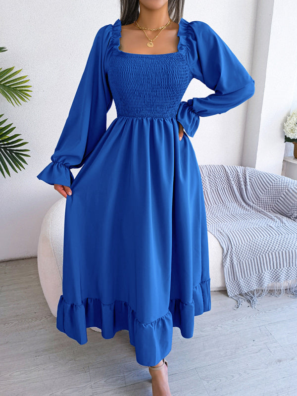 Casual Dresses- Long Sleeves Square Neck Midi Dress in Solid Color with A-Line Fit- - IndioGear Fashion and Gear