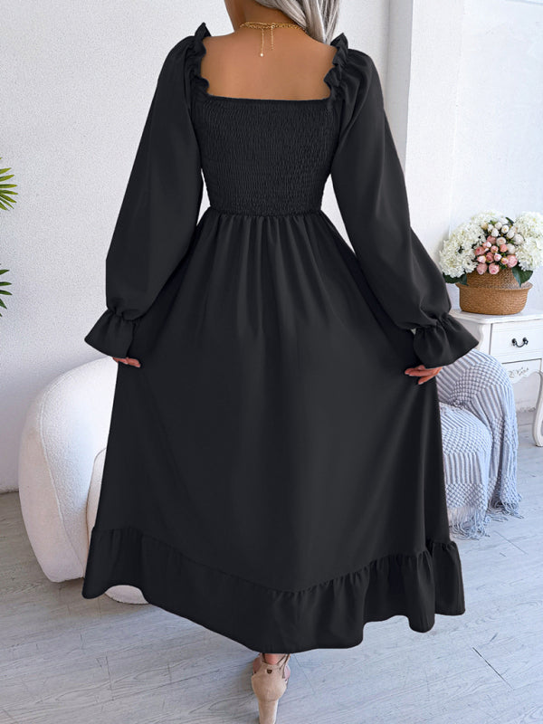 Casual Dresses- Long Sleeves Square Neck Midi Dress in Solid Color with A-Line Fit- - IndioGear Fashion and Gear