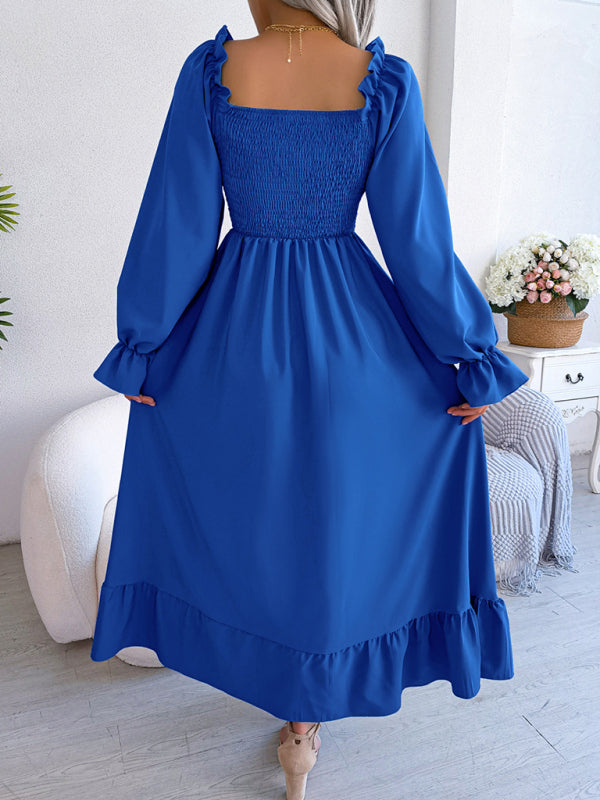 Casual Dresses- Long Sleeves Square Neck Midi Dress in Solid Color with A-Line Fit- - IndioGear Fashion and Gear