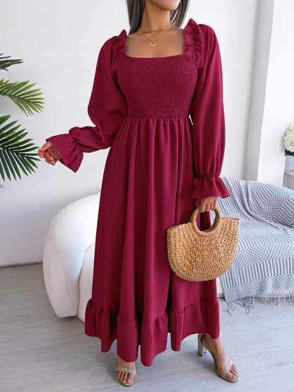 Casual Dresses- Long Sleeves Square Neck Midi Dress in Solid Color with A-Line Fit- - IndioGear Fashion and Gear