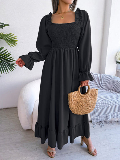 Casual Dresses- Long Sleeves Square Neck Midi Dress in Solid Color with A-Line Fit- - IndioGear Fashion and Gear