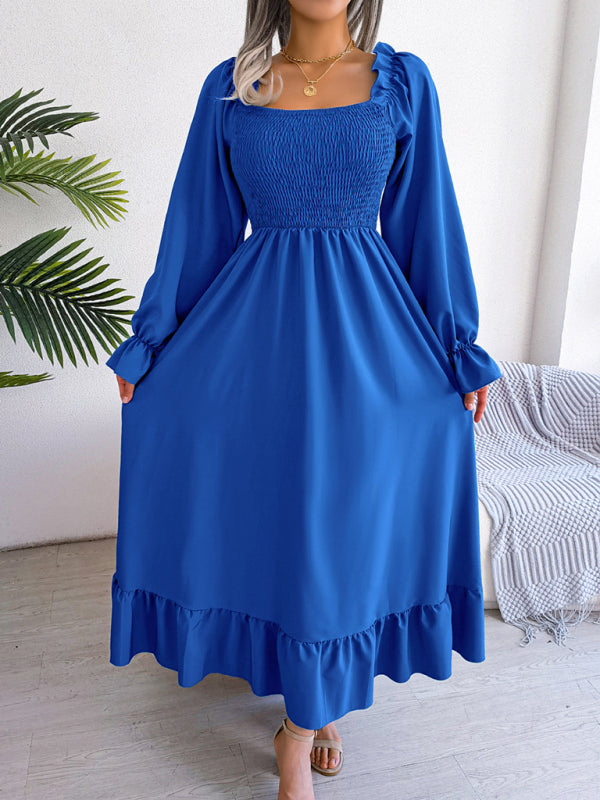 Casual Dresses- Long Sleeves Square Neck Midi Dress in Solid Color with A-Line Fit- Royal blue- IndioGear Fashion and Gear