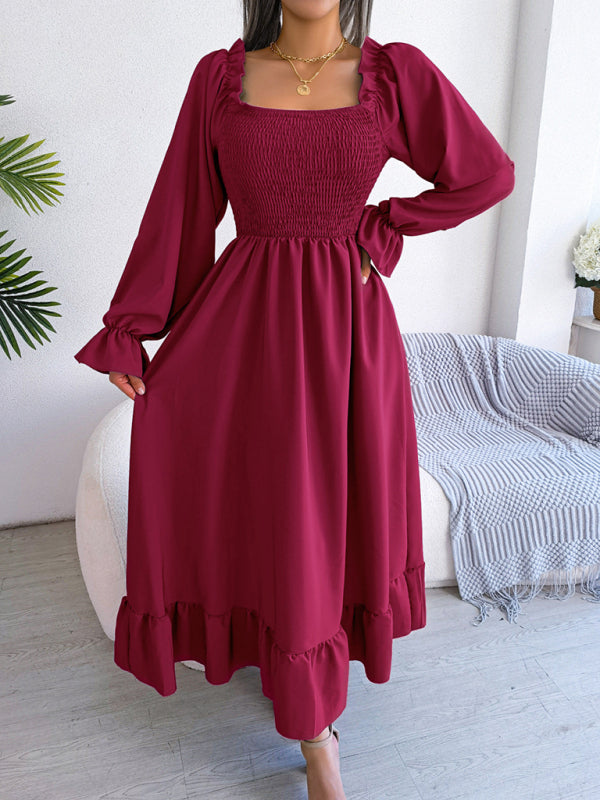 Casual Dresses- Long Sleeves Square Neck Midi Dress in Solid Color with A-Line Fit- Red- IndioGear Fashion and Gear