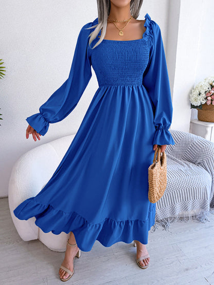 Casual Dresses- Long Sleeves Square Neck Midi Dress in Solid Color with A-Line Fit- - IndioGear Fashion and Gear