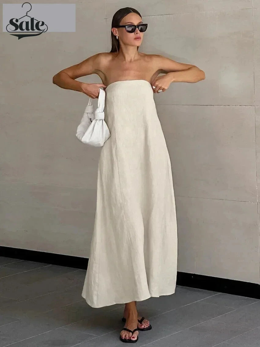 Casual Dresses- Loose Fit Cotton-Linen Strapless Maxi Dress for Sunny Days- - IndioGear Fashion and Gear