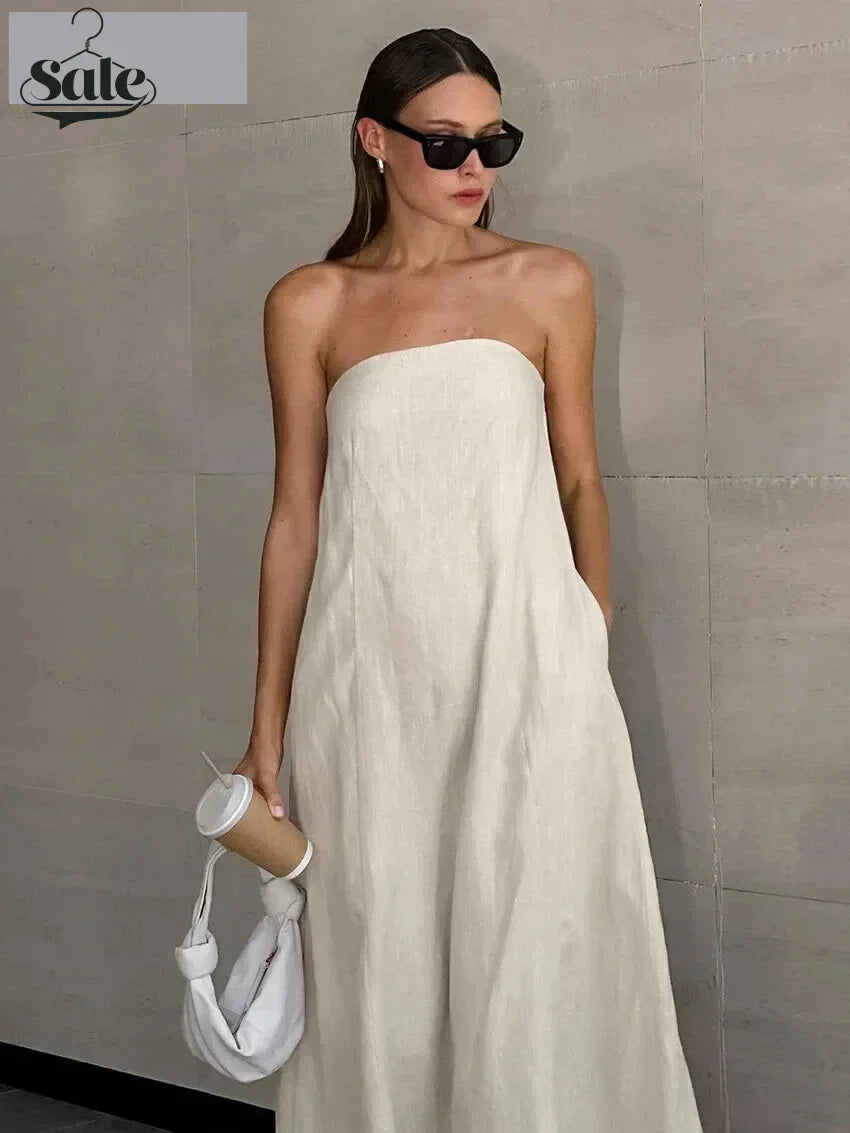 Casual Dresses- Loose Fit Cotton-Linen Strapless Maxi Dress for Sunny Days- - IndioGear Fashion and Gear