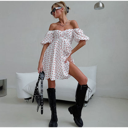 Casual Dresses- Love Print Off-Shoulder Flowy Dress- - IndioGear Fashion and Gear