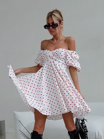 Casual Dresses- Love Print Off-Shoulder Flowy Dress- White- IndioGear Fashion and Gear