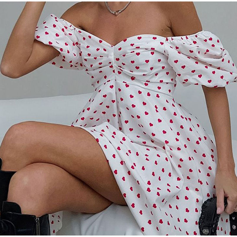 Casual Dresses- Love Print Off-Shoulder Flowy Dress- - IndioGear Fashion and Gear