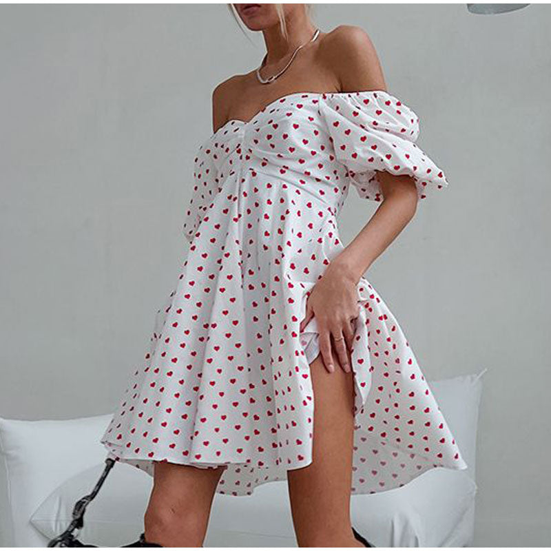 Casual Dresses- Love Print Off-Shoulder Flowy Dress- - IndioGear Fashion and Gear