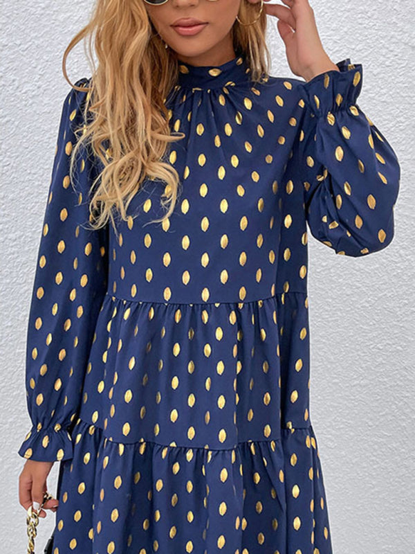 Casual Dresses- Polka Dot Stand Collar High-Low Dress with Long Sleeves- - IndioGear Clothing and Gear