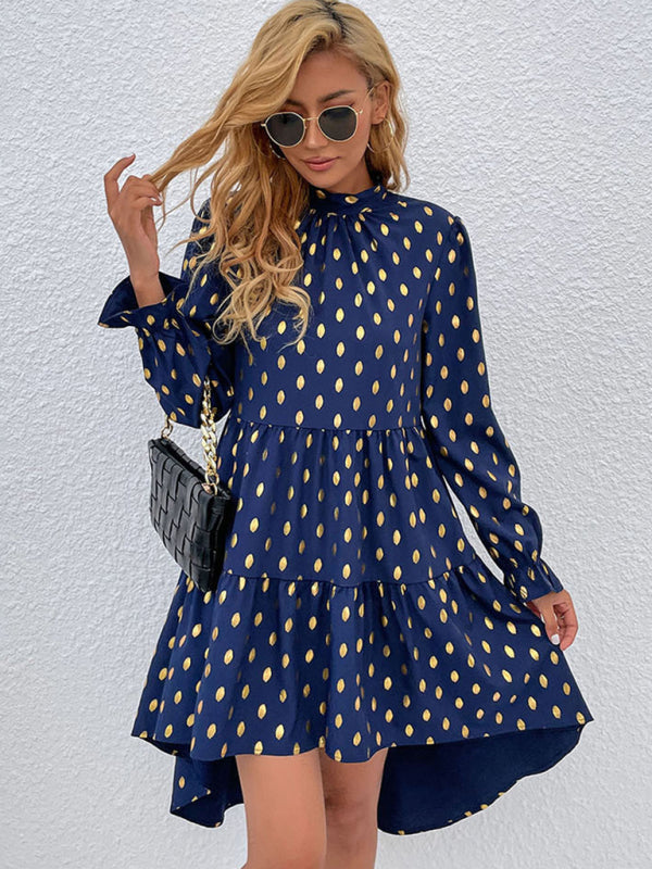 Casual Dresses- Polka Dot Stand Collar High-Low Dress with Long Sleeves- - IndioGear Clothing and Gear