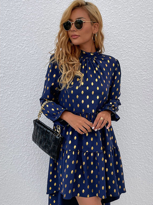 Casual Dresses- Polka Dot Stand Collar High-Low Dress with Long Sleeves- Blue- IndioGear Clothing and Gear