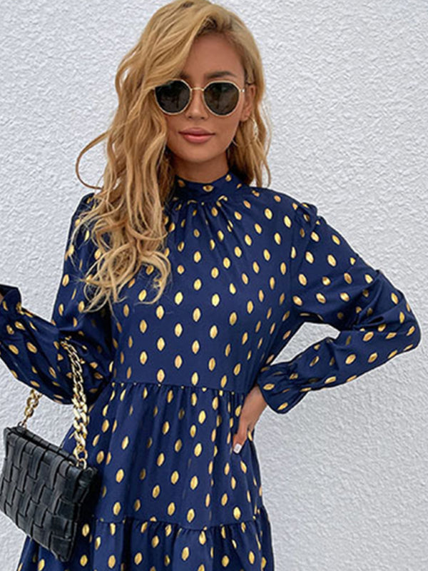 Casual Dresses- Polka Dot Stand Collar High-Low Dress with Long Sleeves- - IndioGear Clothing and Gear