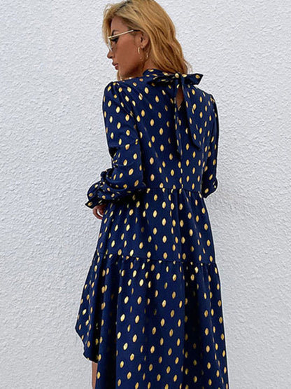 Casual Dresses- Polka Dot Stand Collar High-Low Dress with Long Sleeves- - IndioGear Clothing and Gear