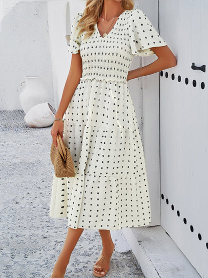 Casual Dresses- Polka Dot Textured Tiered A-Line Smocked Midi Dress with Short Sleeves- Cream- IndioGear Fashion and Gear